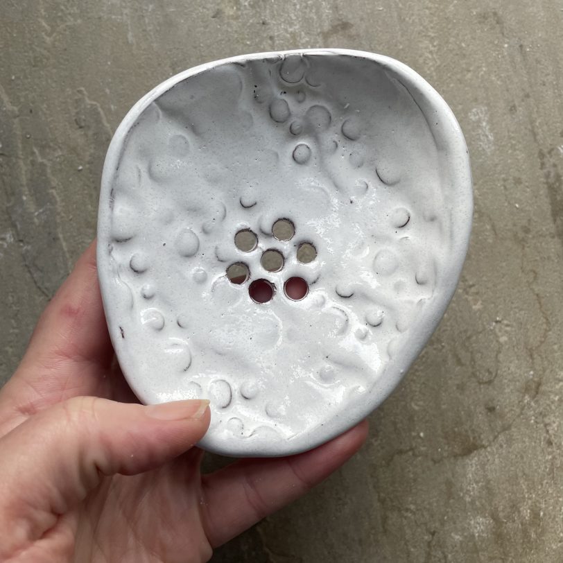White bubble textured embossed ceramic soap dish
